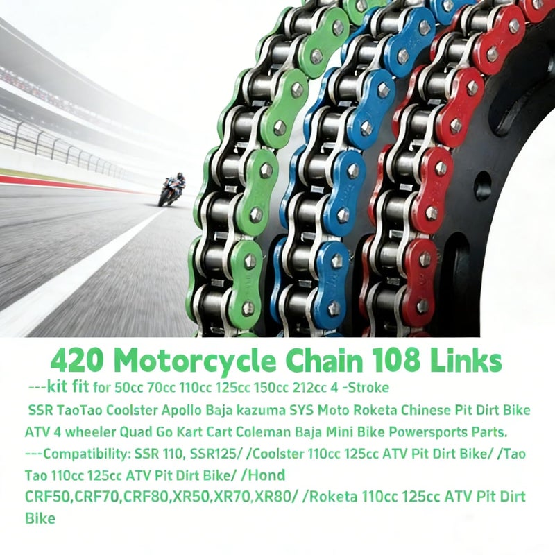DREAM MOTION Motorcycle 420 Chain 108 Links Anti-Rust Coating Drive Chain Powersports Parts for Honda Apollo Yamaha 50cc ~ 150cc SSR ATV Street Bike All-Road Dirt Pit Bike Accessories(Green) - Image 4